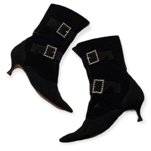 Manolo Blahnik Shoes - MANOLO BLAHNIK Early 80s‎ Vintage Suede/Velvet Rhinestone Buckle Boots 39.5